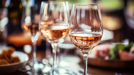 Fototapeta premium Elegant wine glasses with rose wine on table in romantic dinner setup