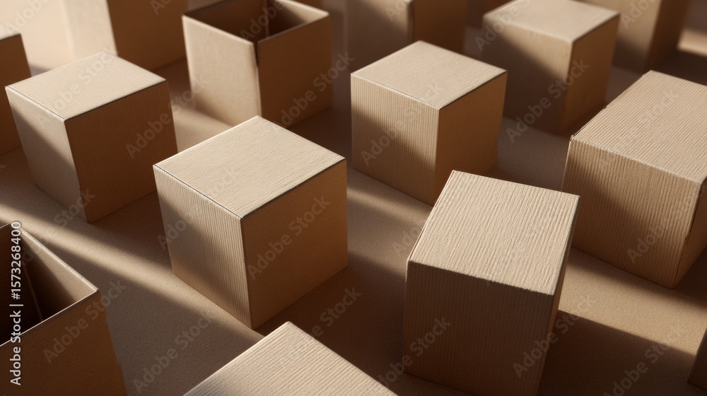 Aufkleber 3d render of floating cardboard cubes with shadows on brown surface