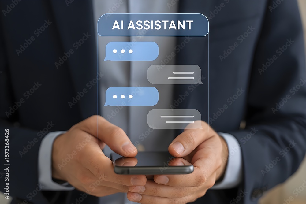 Poster close-up of a man in a suit using an ai assistant on his phone. the interface displays chat bubbles.