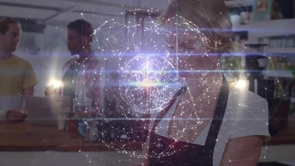 Barista making drink while coworkers pausing when technology sphere appearing above shop counter - Powered by Adobe