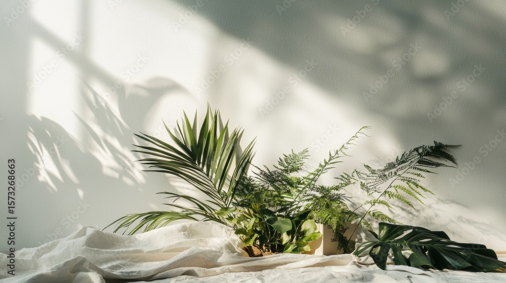 Poster minimal botanical composition with palm leaves in soft light casting shadows over white background l