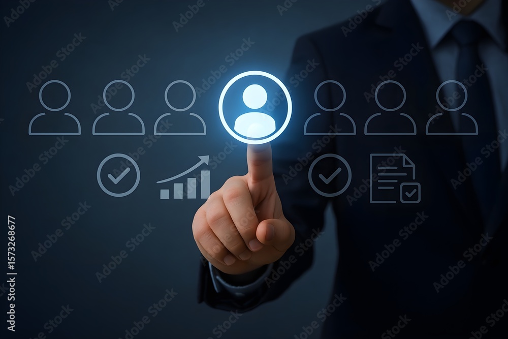 Poster a person in a suit selects a candidate from a group of applicants, representing the process of talen