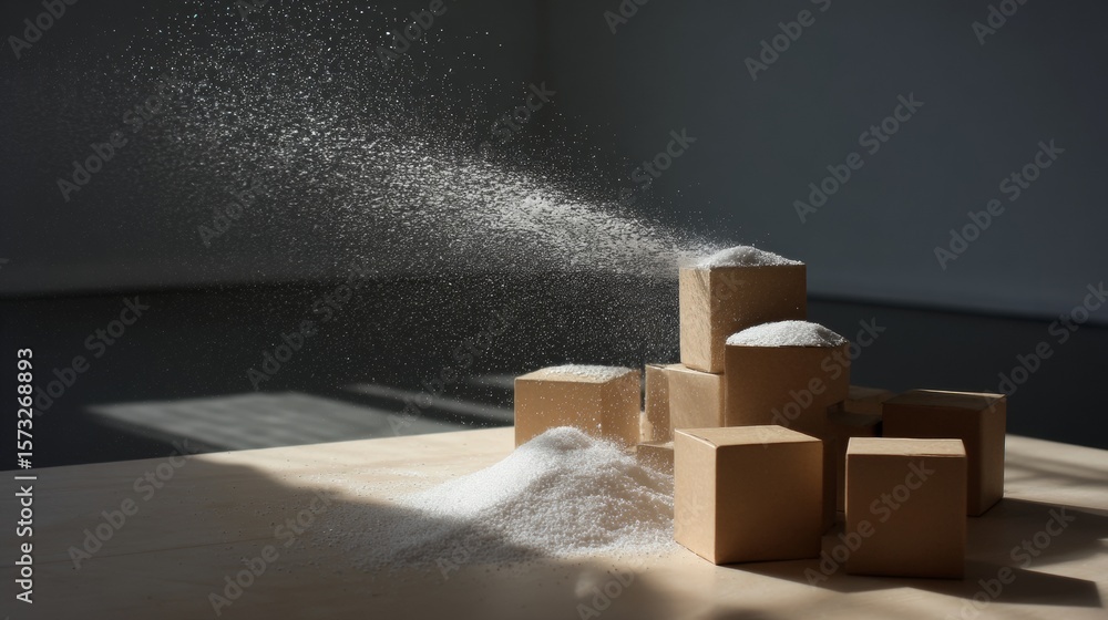 Poster minimal cardboard boxes with flour explosion effect in dynamic shadow lighting warehouse scene conce
