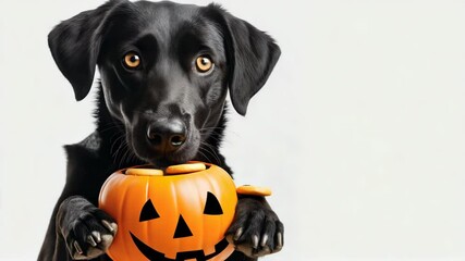 Curious black labrador with halloween pumpkin basket expresses festive anticipation and playfulness