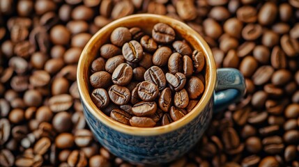 Fototapeta premium Closeup of coffee beans inside ceramic cup surrounded by aromatic roasted dark coffee shop ambiance