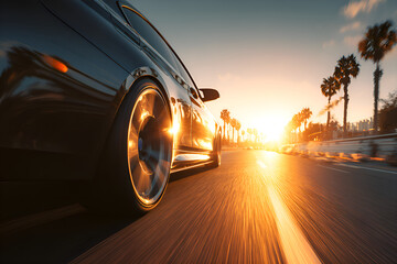 Black sports car driving fast on a highway at sunset