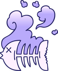 gradient shaded quirky cartoon dead fish skeleton in bright neon color