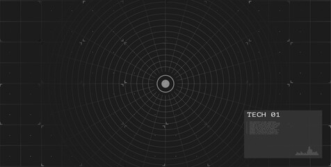Circle grid with target center on dark background. Futuristic radar tech interface. Digital HUD. Sci fi screen. Spaceship control or VR display.