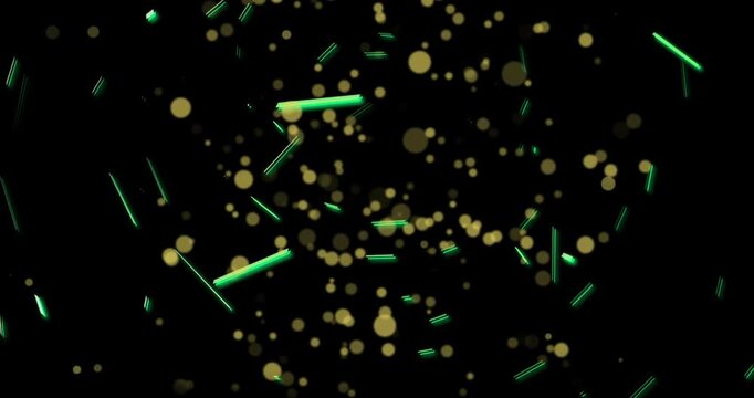 Animation starting golden circles appearing drifting merging neon green bars visualizing 3D field