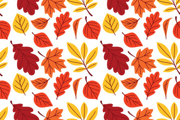 Seamless vector pattern with vibrant autumn leaves in warm colors including red, orange, and yellow on clean white background