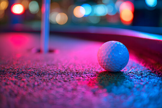 Golf ball approaching the hole on a minigolf course with neon lights