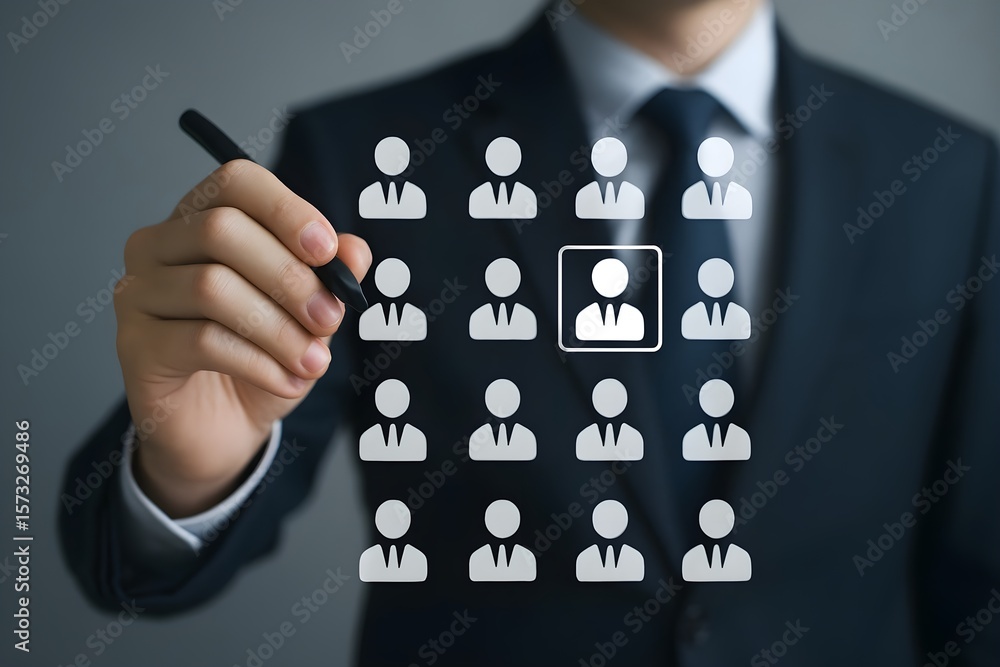 Aufkleber a businessman in a suit uses a stylus to choose a candidate from a grid of icons representing a pool