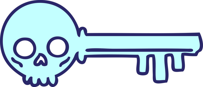 cartoon of a spooky skeleton key in bright neon color