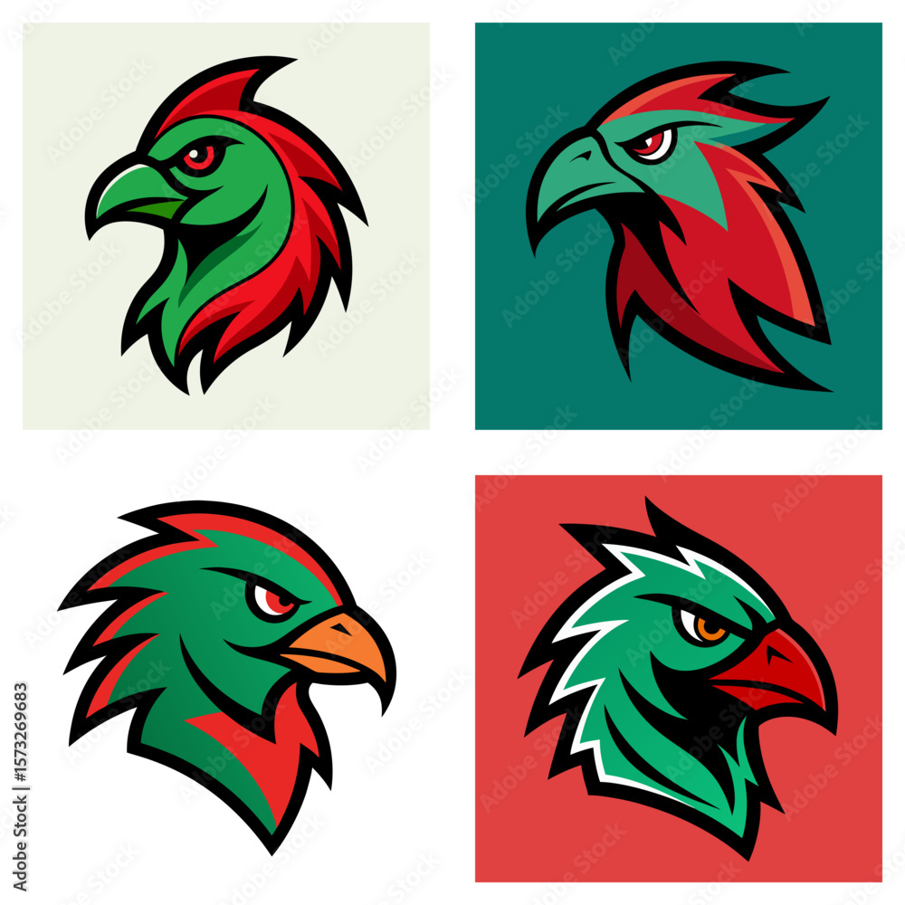 Poster four different variations of an eagle head logo with green and red color schemes on different backgr