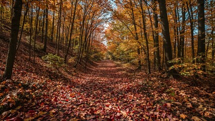 Autumnal Forest Path Covered in Fallen Leaves, Leading into Sunlight