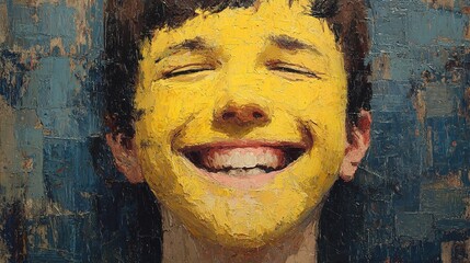 Portrait smiling boy face painted bright yellow paint textured oil brushstrokes blue gray background