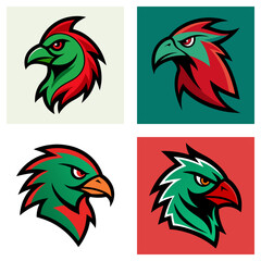 Four different variations of an eagle head logo with green and red color schemes on different backgrounds
