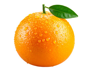 Whole Orange Fruit with Dew Drops and Green Leaf Attached – Transparent PNG