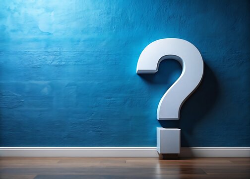 A stark white question mark leans against a textured blue wall in a minimalist room, embodying the essence of uncertainty and the quest for knowledge and understanding