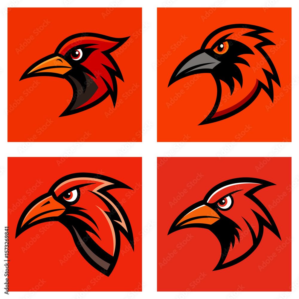 Poster four square images displaying stylized cardinal bird heads with various color schemes and background