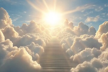Stairway ascending bright sunlight through fluffy clouds boundless blue sky creating image path to heaven hope spiritual growth