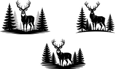 Majestic Deer in Forest Silhouette – Black and White Wildlife Vector Scene