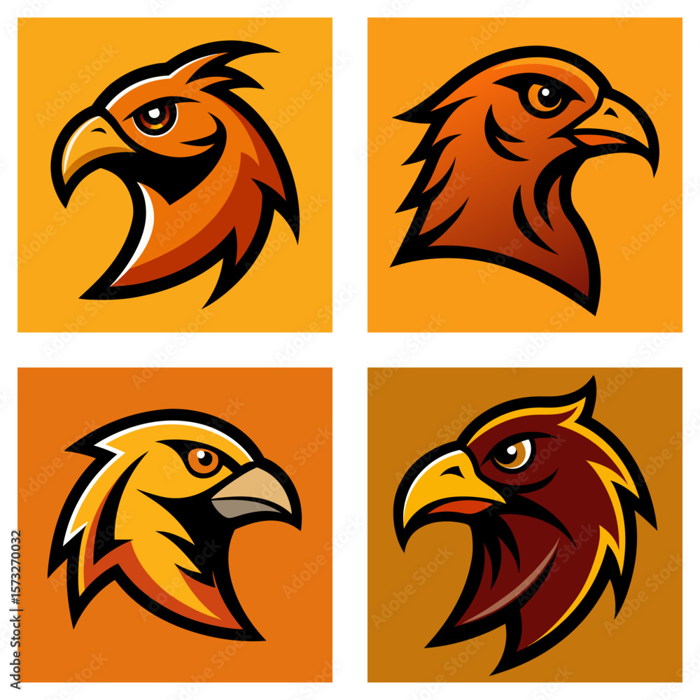 Poster four square panels showing stylized eagle head profiles in various color schemes and background shad