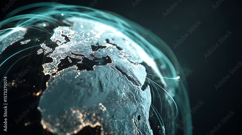 Poster interactive holographic globe mapping ai-driven solutions to global problems with glowing lines