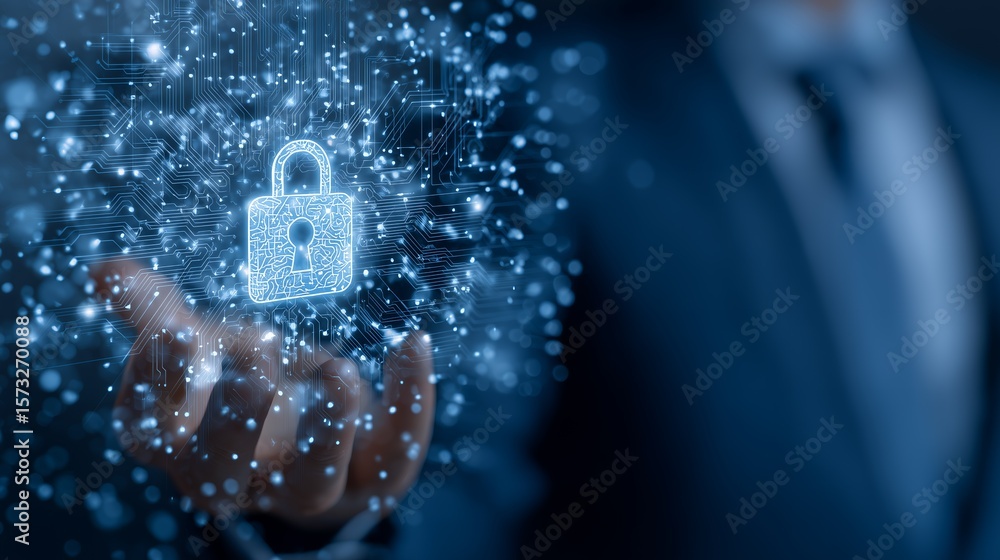 Poster cybersecurity analyst hand interacting with glowing digital lock icon symbolising advanced network s