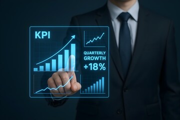 A businessman in a suit interacts with a digital interface showing positive quarterly growth of 18%.