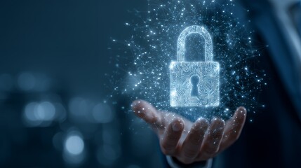 Global cybersecurity professional hand holding futuristic digital network padlock for data protection internet security encryption information privacy online safety network