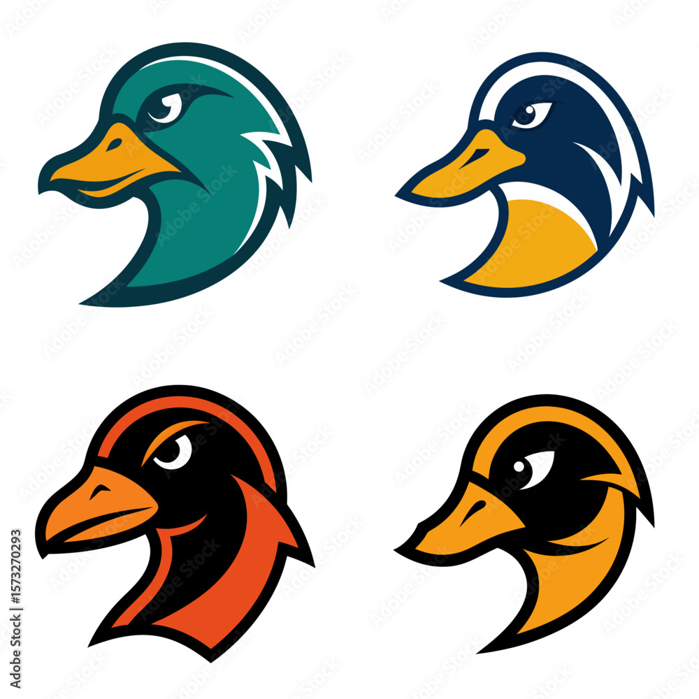 Poster collection of four stylized duck head logos with different color schemes and sharp design elements