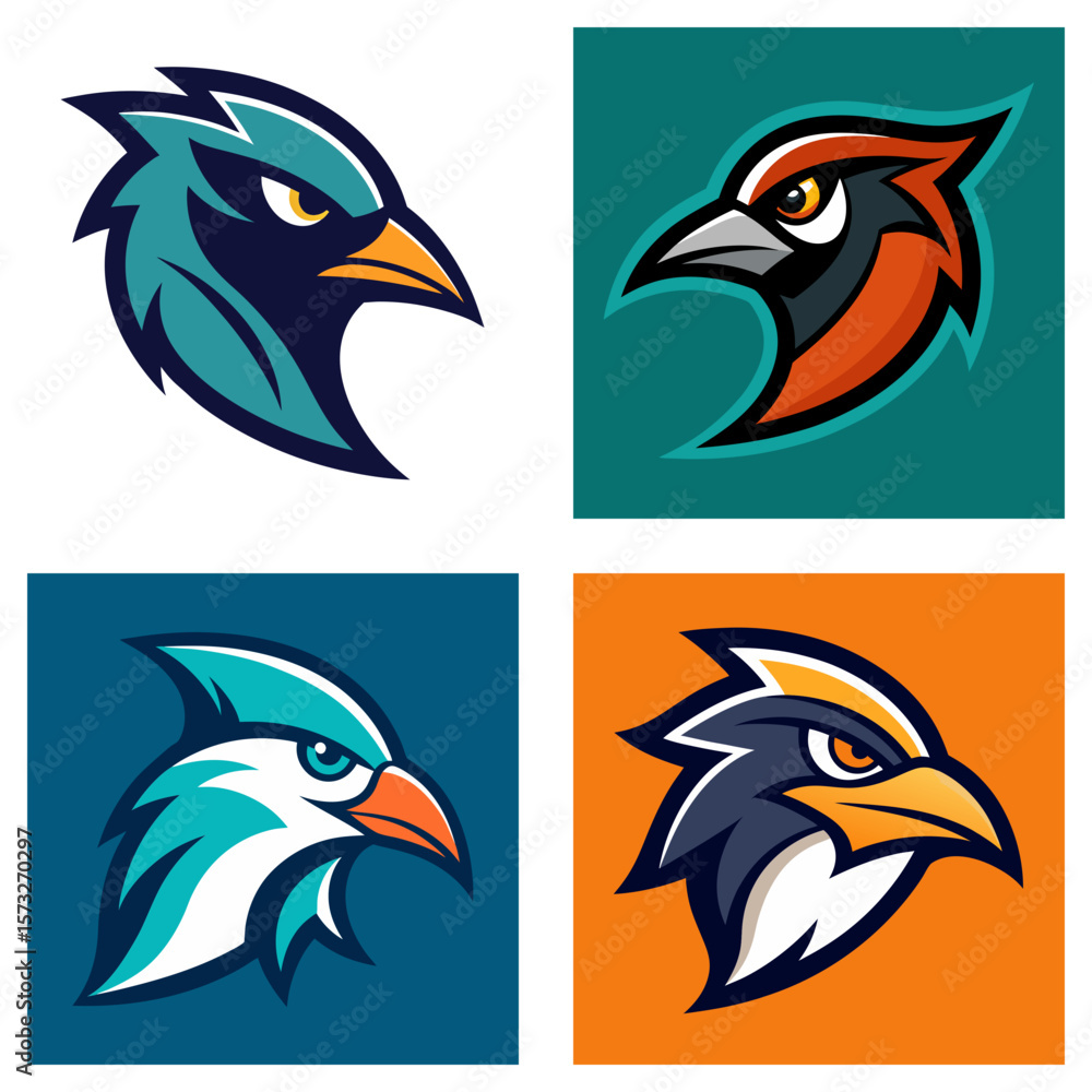 Poster collection of four bird head logos with different color schemes and unique designs and backgrounds