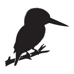 Kingfisher perched on branch vector silhouette, Wildlife animals.