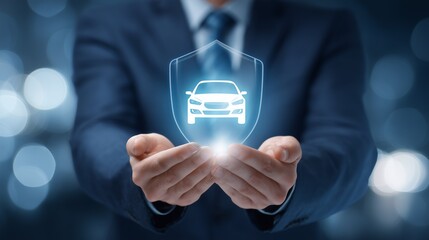 Experienced insurance agent showcasing advanced digital car security technology presenting vehicle protection plan concept businessman providing comprehensive safety coverage and