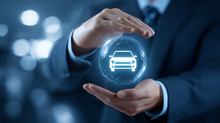 Professional business executive hands protect futuristic digital car icon within glowing sphere symbolizing innovative vehicle insurance automotive technology and security