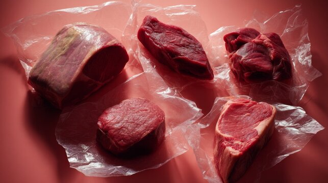 Raw red beef meat cuts vacuum packed on pink surface fresh food protein butcher shop industry - Powered by Adobe