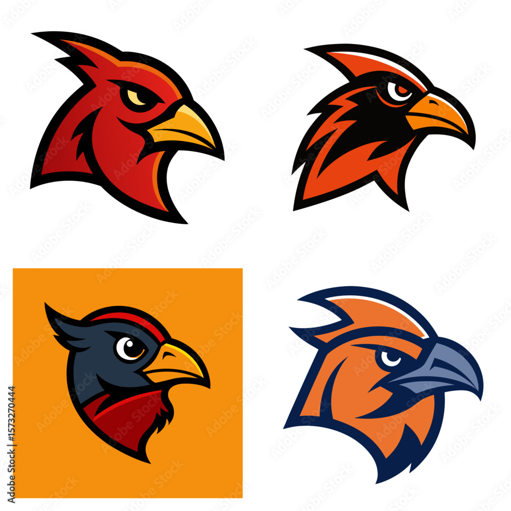 Poster illustration of four different bird head logo designs with varying color schemes and sharp features