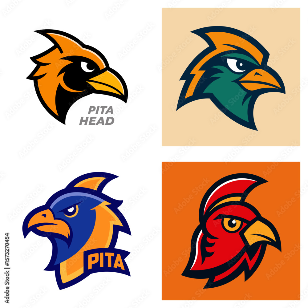 Aufkleber collection of four stylized bird head logos in various colors and design variations for branding use