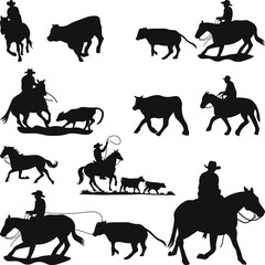 Cutting Horse cow Silhouette, Cutting lady Horse Silhouette, Western Horse cow svg, Cutting Horse Bundle, Cowboy Horseboy, Rodeo Cattle Horse Riding SVG