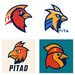 Obraz premium Four stylized bird head logos with varying color schemes and unique design elements displayed here