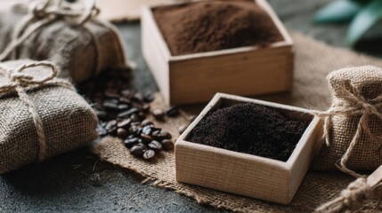 Fototapeta premium Rustic boxes with tea leaves and sacks cozy kitchen setup natural organic drink herbs background