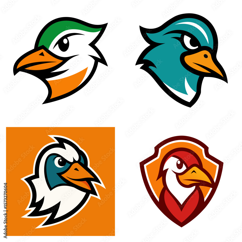 Poster collection of four stylized bird head logos with varied color schemes and unique compositions
