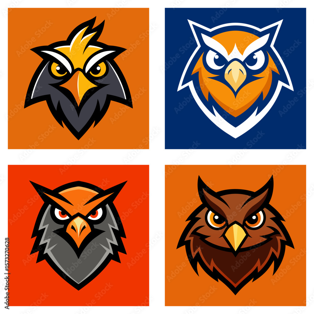 Poster four square images showcasing different owl mascot designs with varying colors and styles displayed 