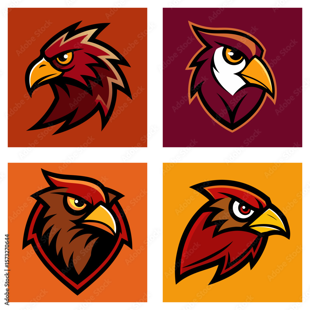 Aufkleber four square images showing different colored eagle head mascot logos with sharp beaks and intense ey