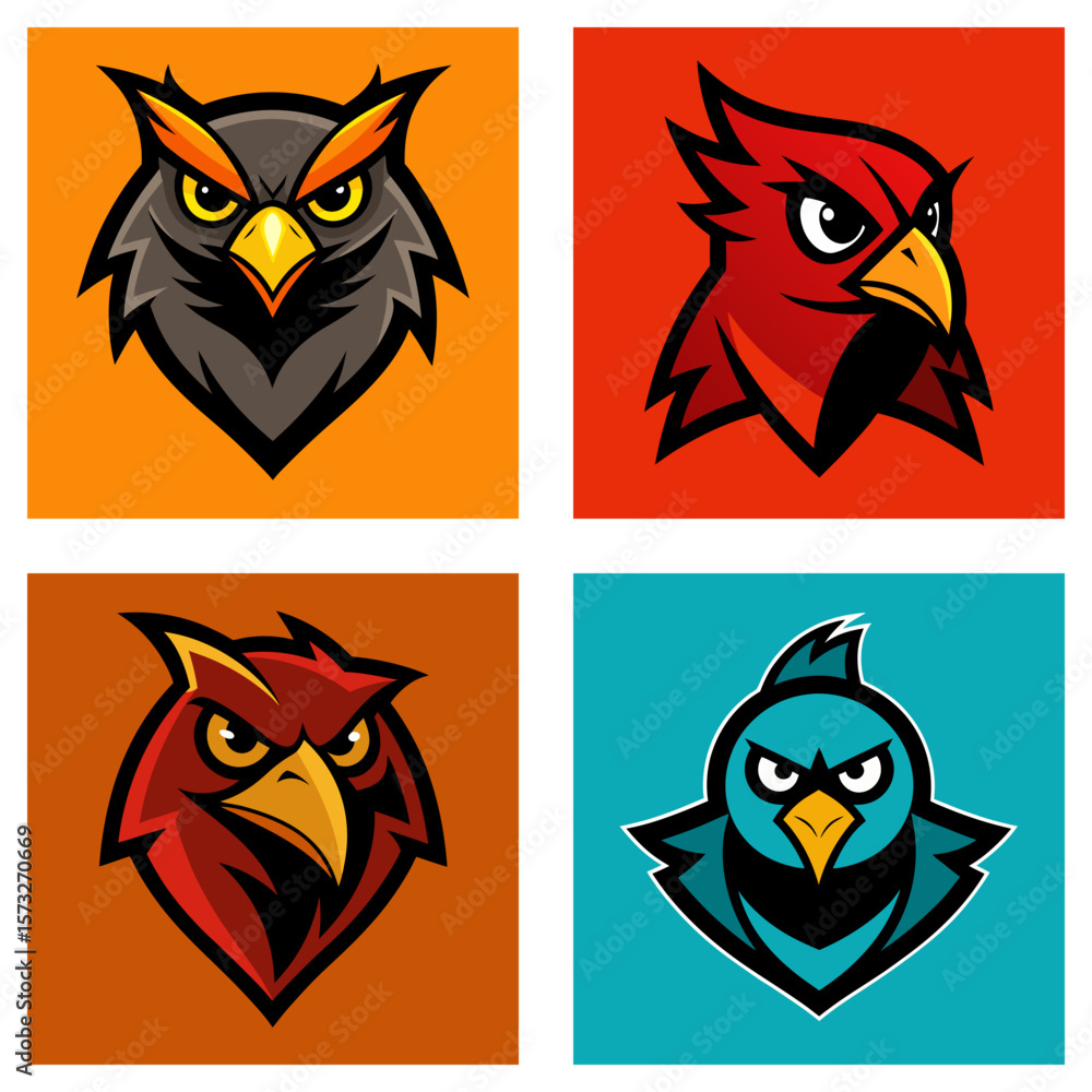 Poster collection of four stylized bird head logos with vibrant colors and sharp geometric designs displaye