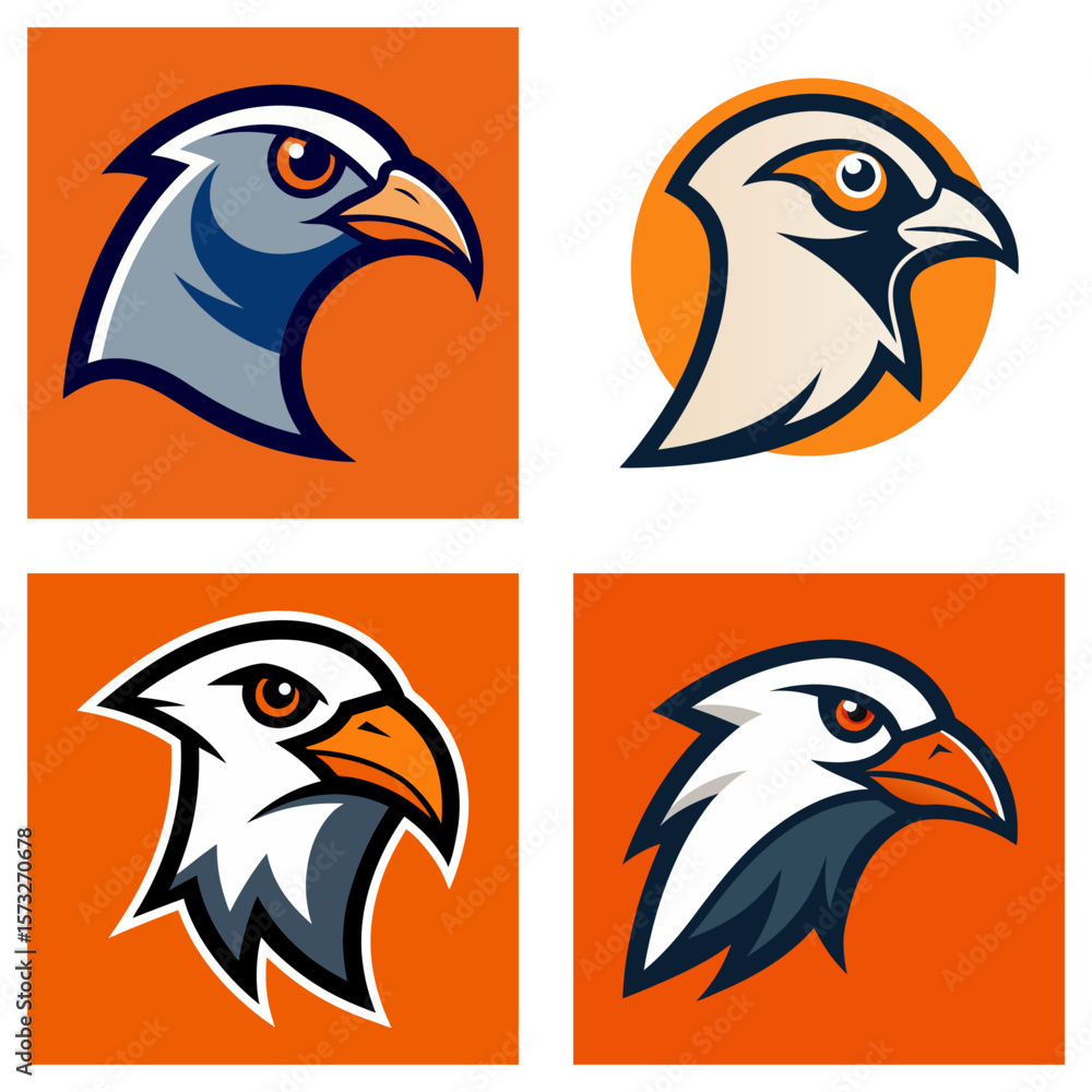 Poster four square images of eagle heads with different color schemes and background shapes displayed