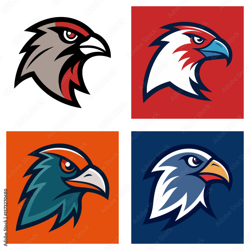 Poster four square images displaying different colored hawk head logos on solid color backgrounds