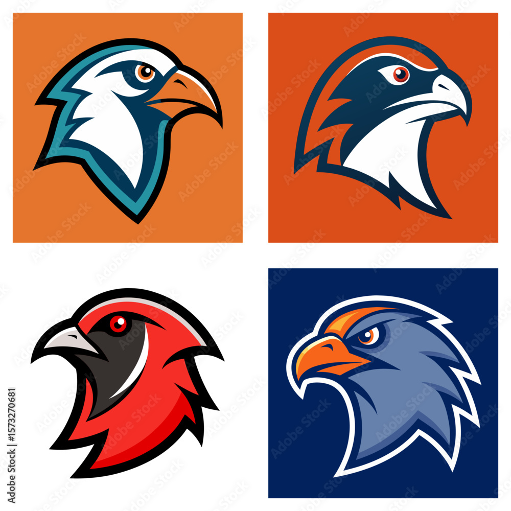 Poster four square images showing different bird head logos with various color schemes and backgrounds