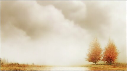 Monochromatic rural landscape two orange autumn trees dense fog river bank creating mystical peaceful atmosphere